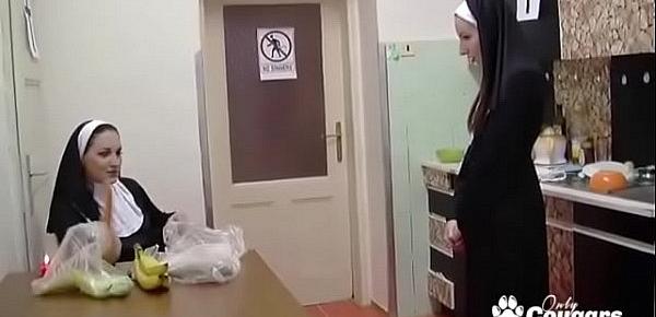  Two Horny Nuns Put A Carrot & Banana Inside Their Pussies